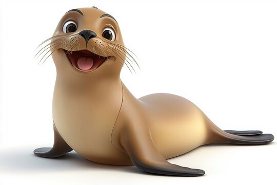 A 3D cartoon sea lion character, isolate on white background, designed with whimsical and cute features.