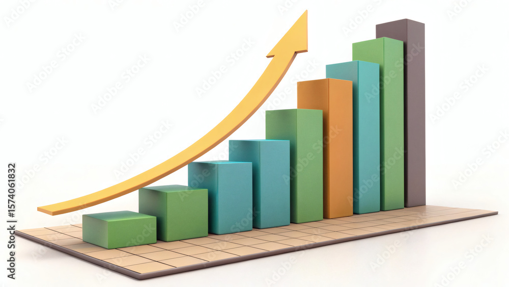 Poster a 3d bar chart with multicolored bars ascending from left to right, accompanied by a rising yellow a