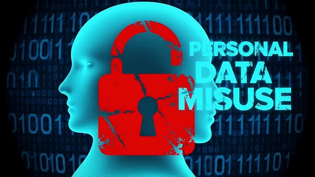 Conceptual Red Padlock Over Human Profile with Binary Code Data Misuse