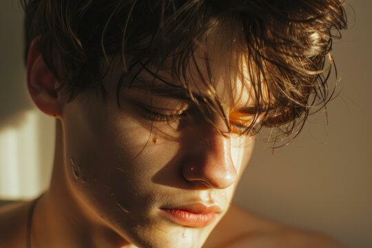 Portrait of a thoughtful young man with wet hair, scars, and sunlight on his face