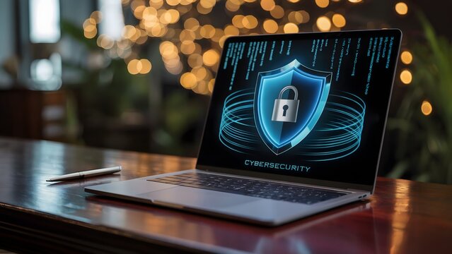 Cyber protection laptop with glowing shield and padlock cybersecurity digital