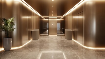 Modern lobby with marble floors, brown walls, and subtle lighting design. Showcases luxury, sophistication, and design, ideal for real estate marketing.