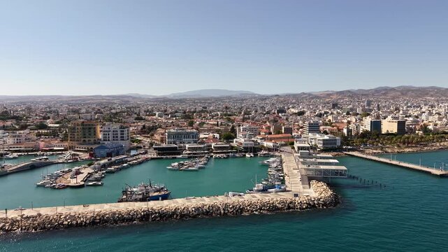 Aerial video of Limassol city coastline in Cyprus Island during summer