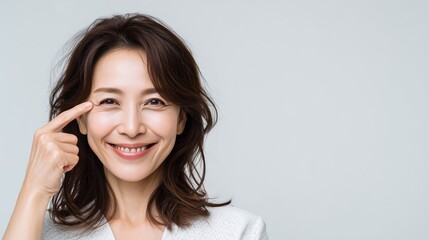 目尻のしわを指さす女性