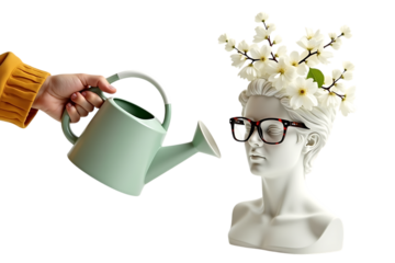 Hand waters blooming flowers on head of classical bust wearing glasses