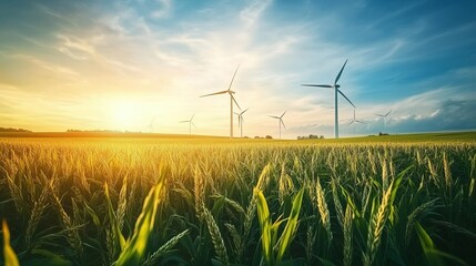 Golden sunset illuminates a field of wheat with several wind turbines in the background, showcasing clean energy and agricultural harmony