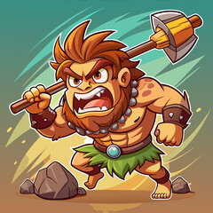 Angry caveman cartoon character swinging club 