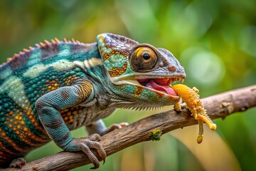 Obraz premium Colorful Panther Chameleon Eating a Cricket on a Branch in Madagascar Rainforest
