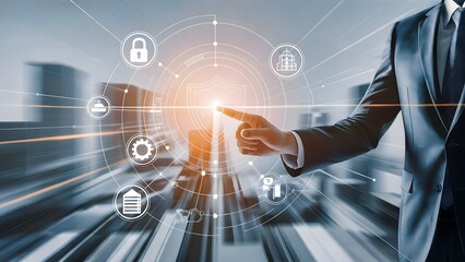 Corporate hologram touchscreen interaction with security icons business technology