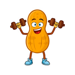 Cartoon smiling peanut character training with dumbles 
