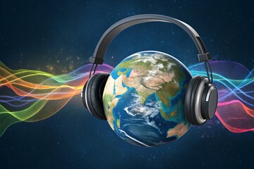 Globe with headphones and music waves representing music day