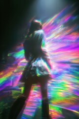 Una figura femenina iluminada por luces de ne&oacute;n en una noche oscura.