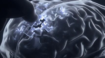 Imagen conceptual de un cerebro con piezas de puzzle faltantes, simbolizando la pérdida de memoria o la fragmentación de la mente.