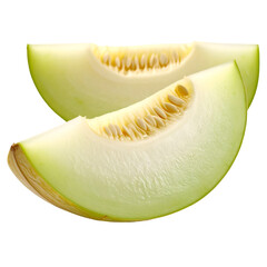 Honeydew Melon Slices: Two juicy honeydew melon slices, showcasing their vibrant green rind and sweet, creamy flesh, are artfully arranged.