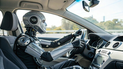 A humanoid robot is driving a modern car on a highway, highlighting advanced AI and autonomous vehicle technology.