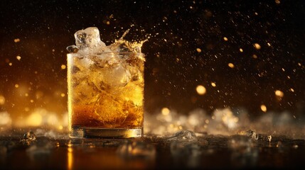 A dramatic shot of a beer glass filled with ice, set against a dark background with lighting effects