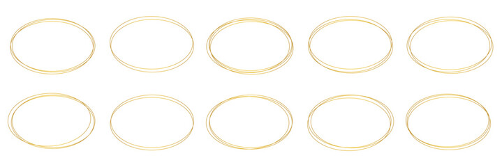Set of oval golden frames isolated on a white background. Collection of luxury elliptic borders. Glowing decorative frameworks, design elements for birthday or wedding cards. Vector illustration . 