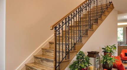 Fototapeta premium Interior staircase with iron railing leads to the upper level, plants at the base