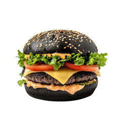 Black burger isolated on a white background, showcasing its unique dark bun and vibrant toppings. PNG