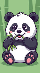 Cute Cartoon Panda Eating Bamboo in Lush Forest