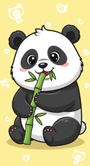 Obraz premium Adorable Cartoon Panda Chewing Bamboo on Yellow Background
