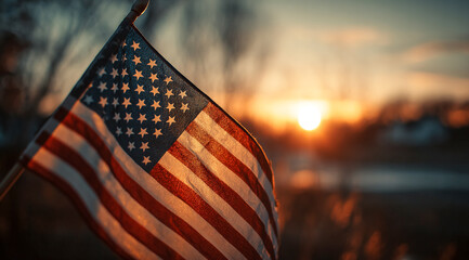 American Flag Waving at Sunset. Patriotic image ideal for marketing, design, and web use.