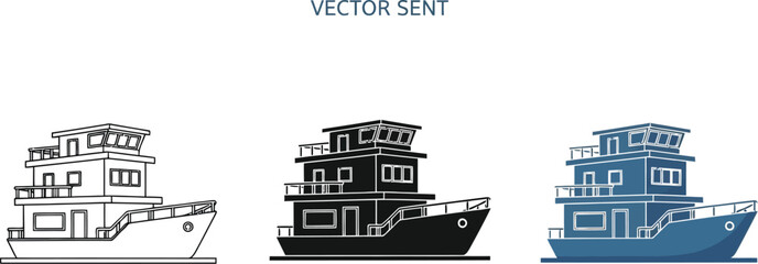 Three illustrations of a two story boat in different styles and color schemes