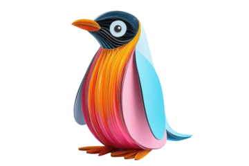 A multicolored paper art penguin, isolate on white background, made from layered, colorful paper cuts. PNG
