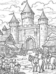 Obraz premium Black and White Line Art of Medieval Castle with Horses and Villagers