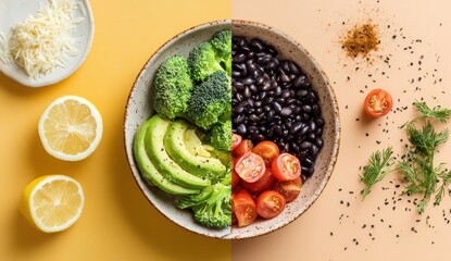 Balanced Vegan Meal Prep. Bowl halved. Ingredients around. Diet food concept