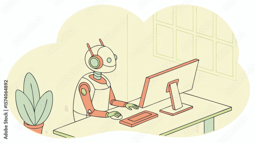 Aufkleber a robot wearing headphones is working on a computer at a desk in a minimalistic room with a plant an