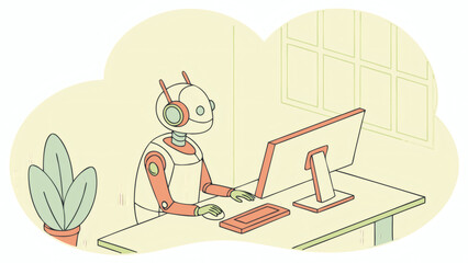 Fototapeta premium A robot wearing headphones is working on a computer at a desk in a minimalistic room with a plant and large windows.