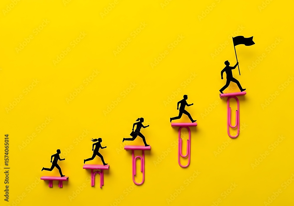 Poster silhouettes of people running up steps on paper clips towards a flag representing achievement and su
