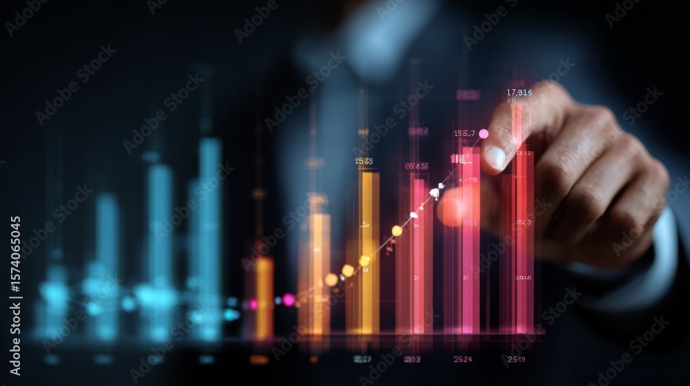 Poster a financial analyst examining a d graph with different data points, highlighting market trends and f