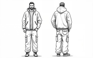mens long sleeve zip up boxy jacket and wide leg baggy cargo trouser flat sketch vector illustration technical cad drawing template. High quality