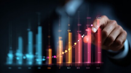 A financial analyst examining a D graph with different data points, highlighting market trends and forecasts