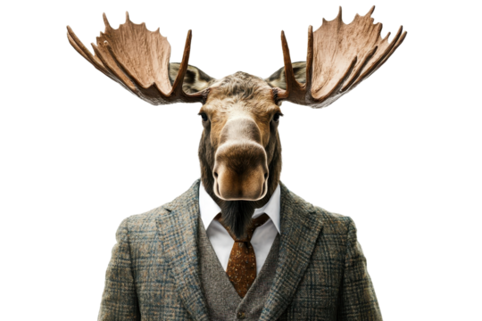 A moose in a suit, isolate on white background, presenting a charming and humorous look. PNG