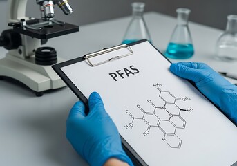 Researchers analyze PFAS chemicals in laboratory with scientific equipment and molecular structures
