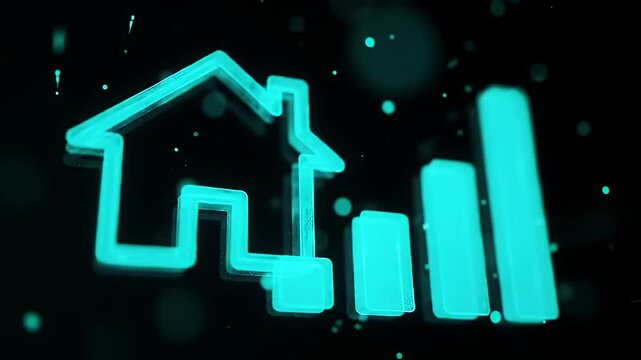 Cyan House Icon with Rising Bar Graph on Black Background Modern Real Estate and Finance Graphic Element Stock Photo