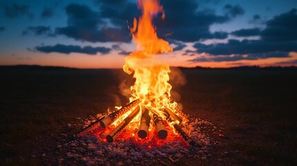 Campfire flames crackling in the evening twilight, surrounded by logs and an open field, creating a warm and inviting atmosphere for outdoor gatherings and storytelling