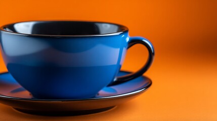 Obraz premium Vibrant blue ceramic mug and saucer on orange