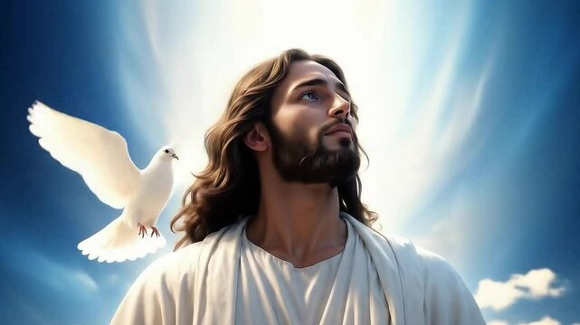 Heaven was opened and the spirit of God descending like a dove and alighting on Jesus as soon as he was baptized in Jordan river. Bible scene concept.