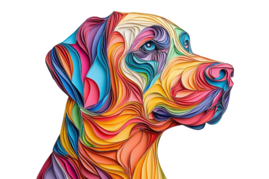 A multicolored paper art Labrador Retriever, isolate on white background, capturing its joyful and fluffy demeanor. PNG