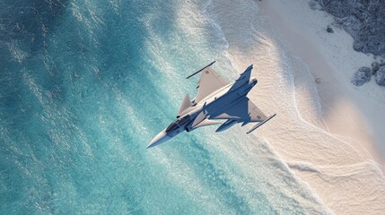 Military Jet Fighter Plane Flying Low Over Ocean Beach Coastline Aerial View