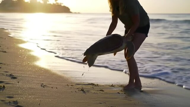 Woman gently releasing a sea turtle back into the ocean during sunset at the beach