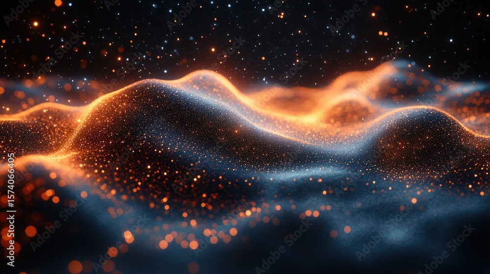 Poster abstract particle wave, mesmerizing orange and blue light display