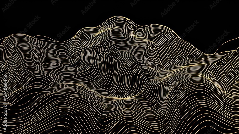 Poster elegant golden topographic lines against a dark background creating a sense of depth and texture