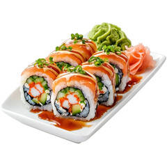 Oozing sauce over maki sushi, isolated on a white background, decadent and mouthwatering. PNG