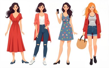 Obraz premium Fashion casual women clothes set. Red and blue summer dresses, floral skirt and tank top with stripes, woven bag and cardigan, comfortable style apparel collection cartoon vector illustration