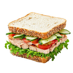 Tuna sandwich isolated on a white background, showcasing layers of fresh ingredients. PNG
